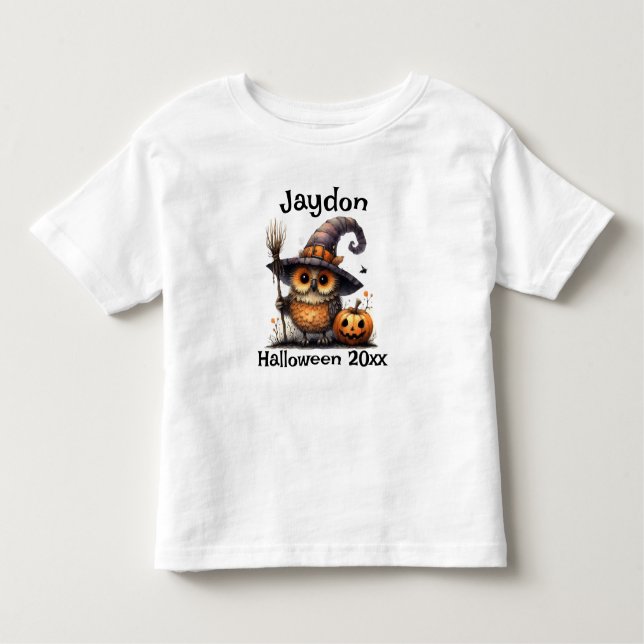 Halloween Owl in a Witch Hat Personalize Toddler T-shirt (Front)