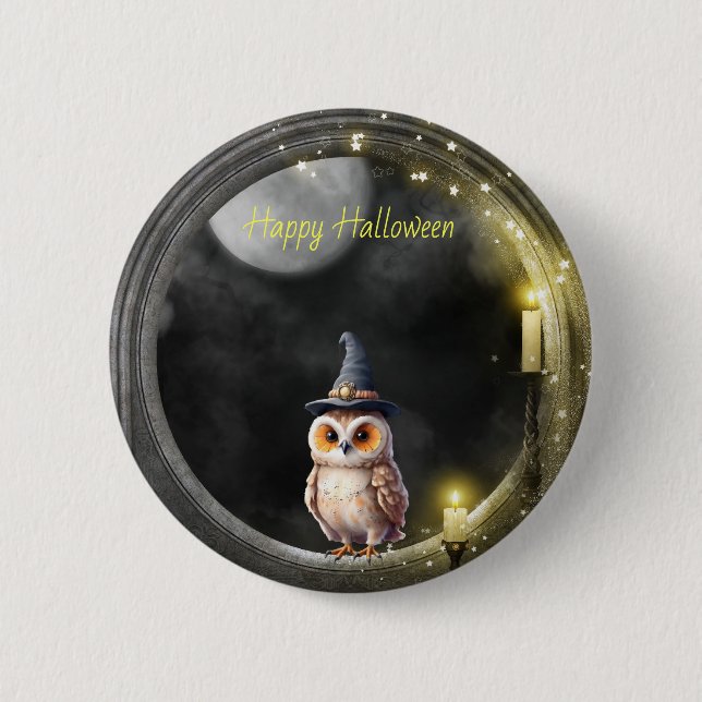 Halloween Owl in Round Tower Window Button (Front)