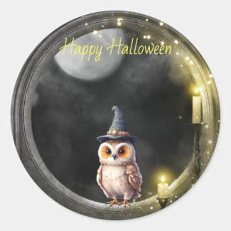 Halloween Owl in Round Tower Window
