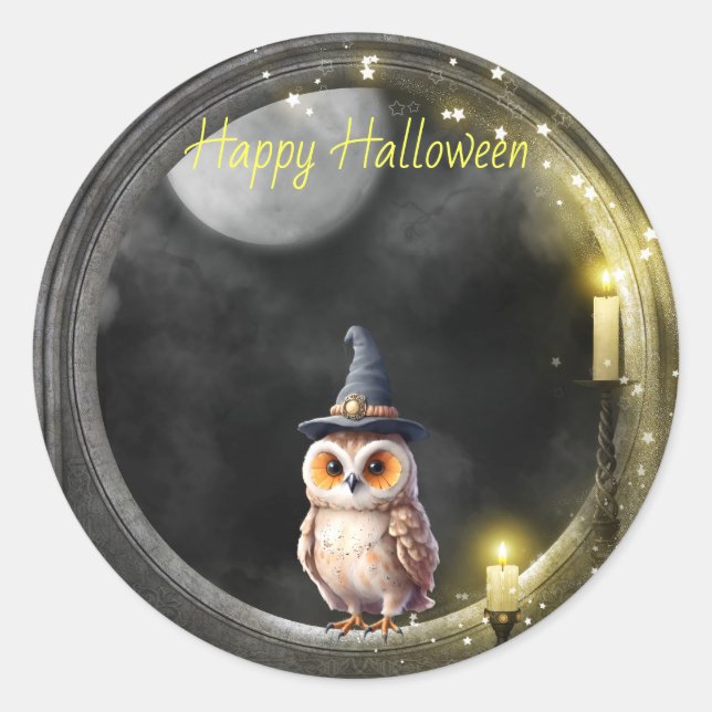 Halloween Owl in Round Tower Window Classic Round Sticker (Front)