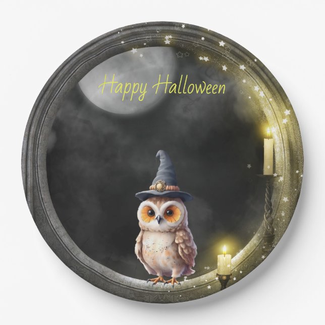 Halloween Owl in Round Tower Window Paper Plates (Front)