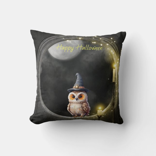 Halloween Owl in Round Tower Window Throw Pillow (Front)