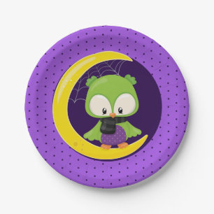 Halloween Owl Moon Purple Polka Dot Fun Party Paper Plates