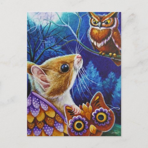 Halloween Owl Mouse Vintage Mask Watercolor Art Postcard