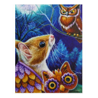 Halloween Owl Mouse Vintage Mask Watercolor Art Postcard