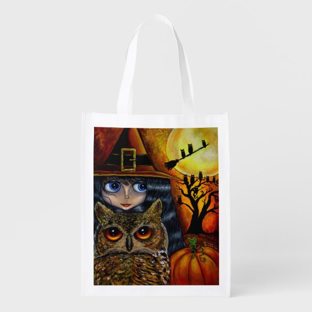 Halloween Owl Witch Cute Big Eye Girl Pumpkin Grocery Bag (Front)