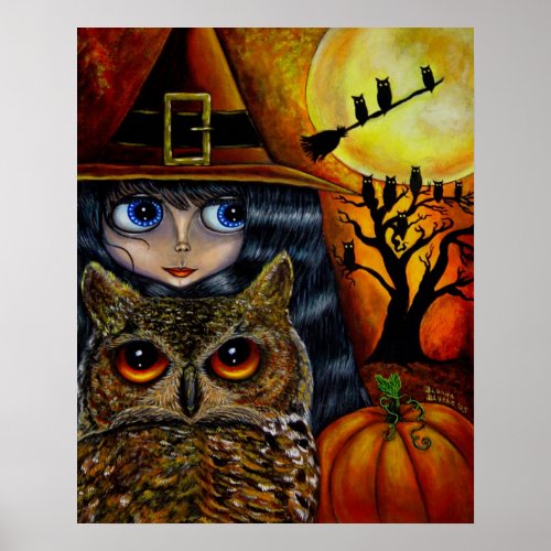 Halloween Owl Witch Pumpkins Big Eyes Doll Art Poster