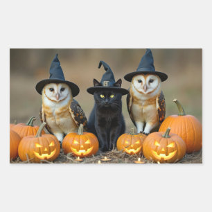 Halloween Owls and Black Cat Jack O Lantern Rectangular Sticker