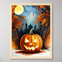 halloween painting scary glowing pumpkin moonlight