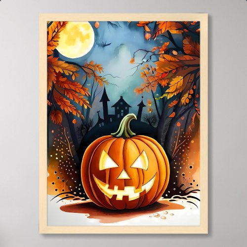 halloween painting scary glowing pumpkin moonlight poster