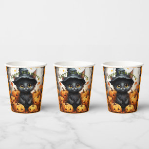 Halloween Paper Cups Black Kitten Pumpkins