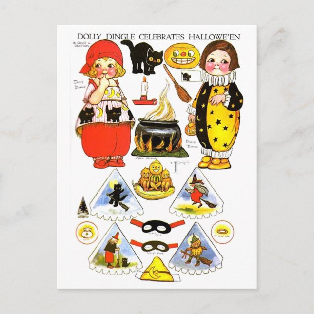 Halloween Paper Dolls DollyDingle Modern Vintage Holiday Postcard (Front)