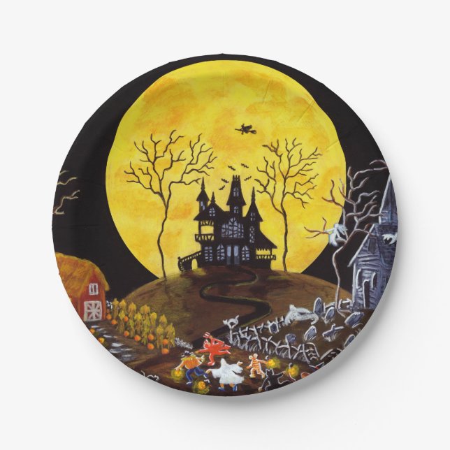 Halloween paper party plates,haunted village plates (Front)