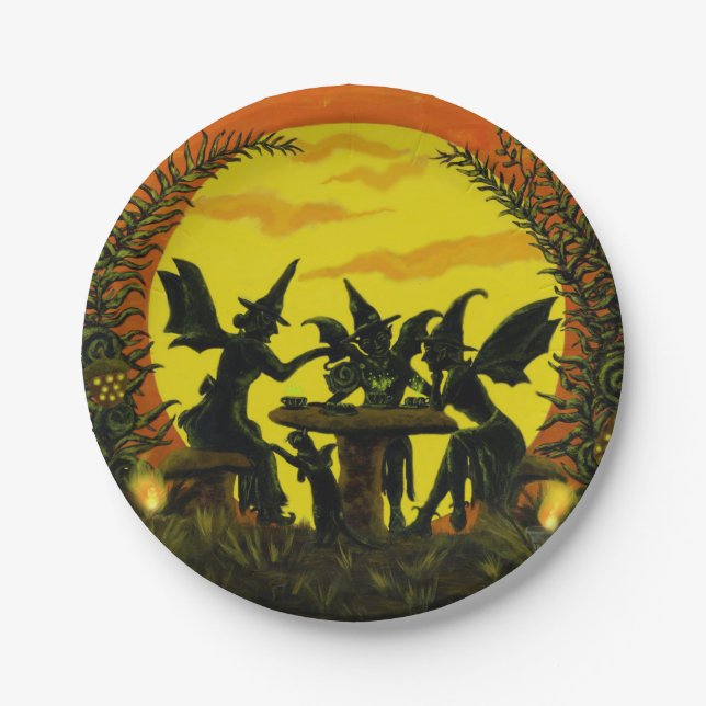 Halloween paper party plates, witches tea party plates (Front)