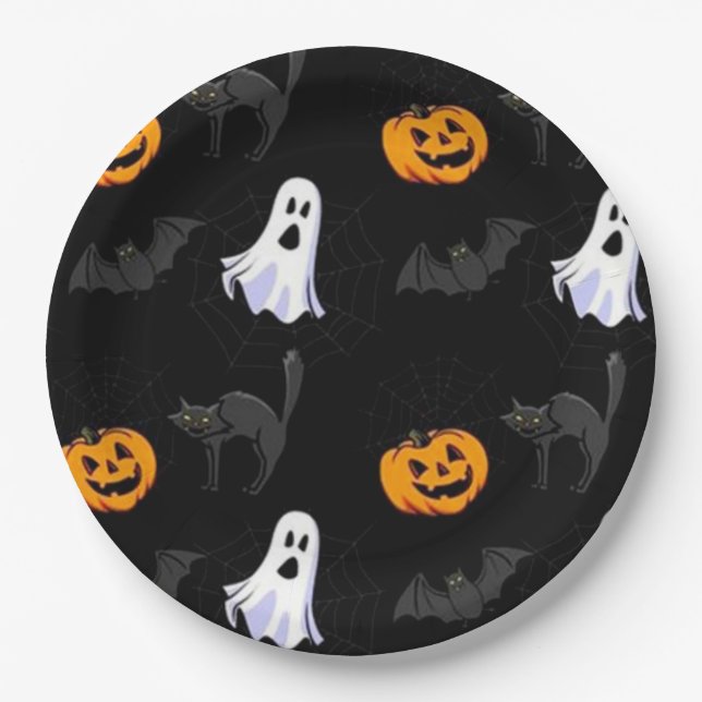 Halloween Paper Plates/Ghost, Pumpkins and Bats Paper Plates (Front)
