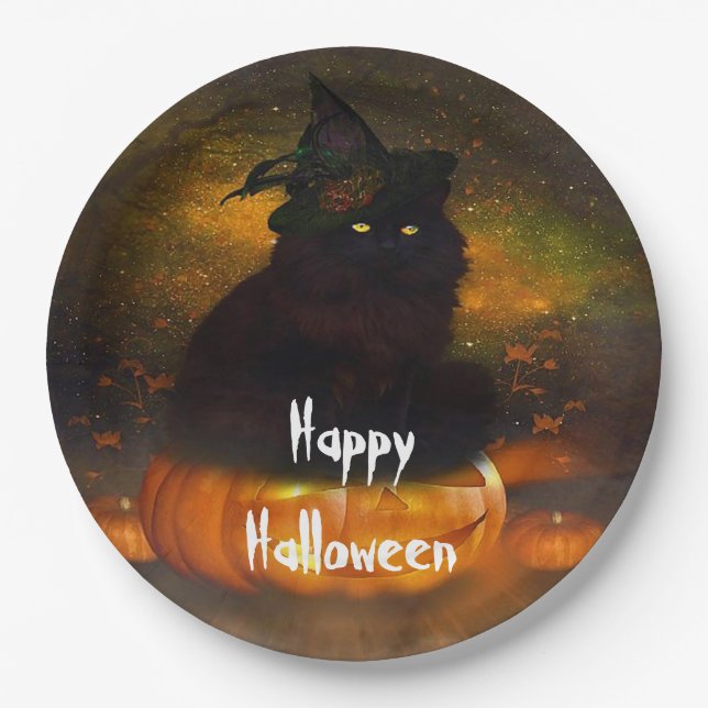 Halloween Paper Plates/Pretty Black Cat Plates (Front)