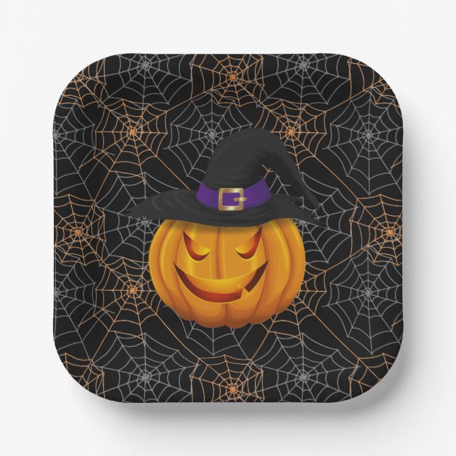 Halloween Paper Plates-Spider Webs & Pumpkin Plates (Front)