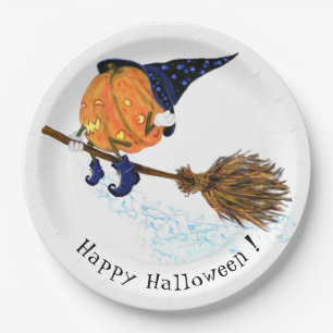 Halloween Paper Plates Witch Pumpkin Flying Broom