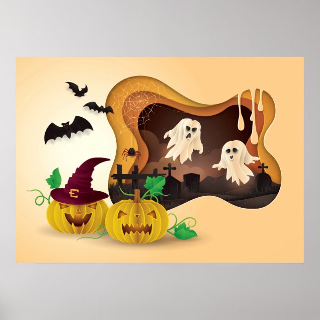 Halloween Papercut Cemetery Ghosts Poster (Front)