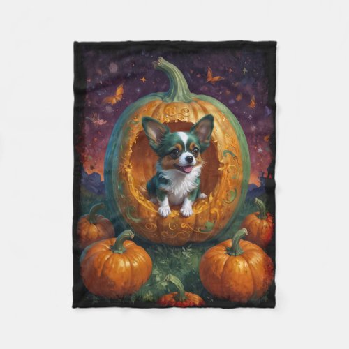 Halloween Papillon Puppy Living in a Pumpkin  Fleece Blanket