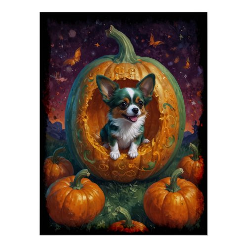 Halloween Papillon Puppy Living in a Pumpkin  Poster