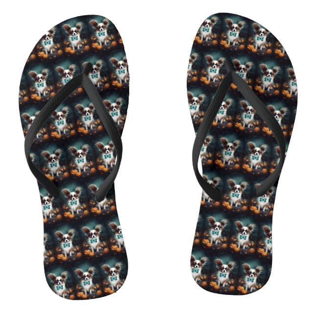 Halloween Papillon With Pumpkins Scary  Flip Flops (Footbed)