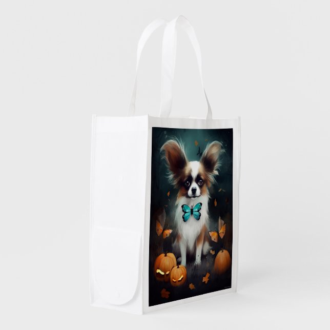 Halloween Papillon With Pumpkins Scary  Grocery Bag (Front Side)