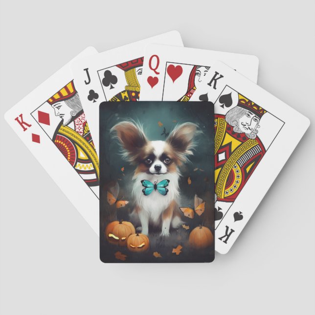 Halloween Papillon With Pumpkins Scary  Poker Cards (Back)