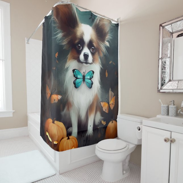 Halloween Papillon With Pumpkins Scary  Shower Curtain (In Situ)