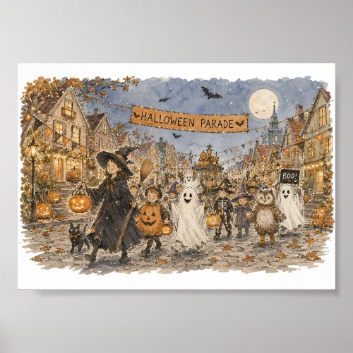 Halloween Parade Night Scene Illustration Poster
