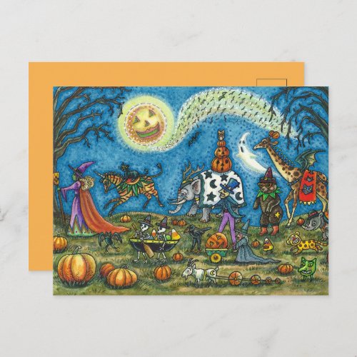 HALLOWEEN PARADE Witch Giraffe Bear Zebra Skellies Holiday Postcard