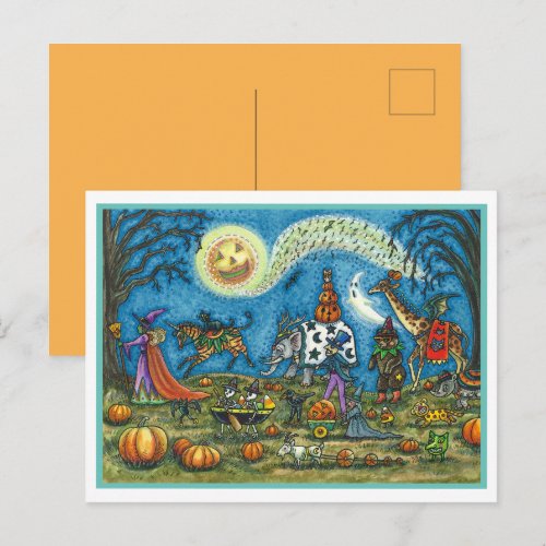 HALLOWEEN PARADE Witch Giraffe Bear Zebra Skellies Holiday Postcard