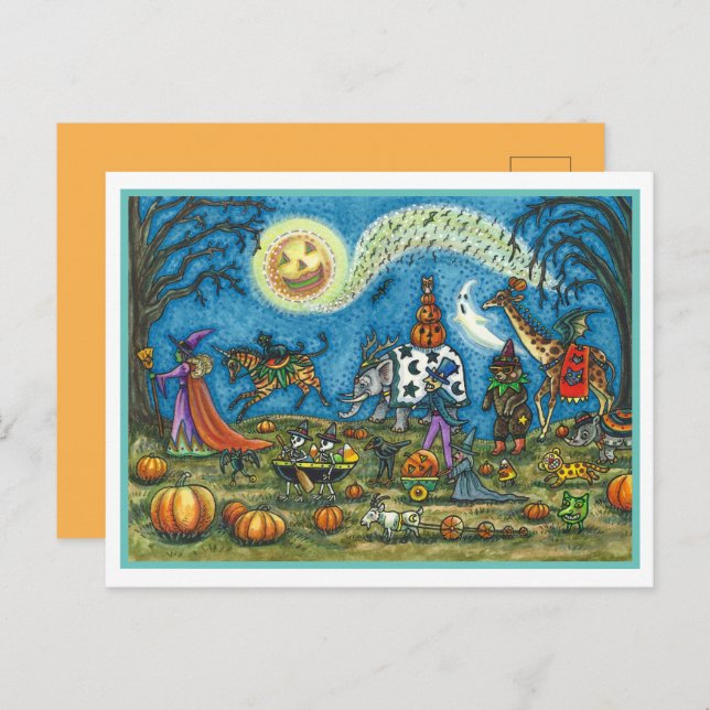 HALLOWEEN PARADE Witch Giraffe Bear Zebra Skellies Holiday Postcard (Front/Back)
