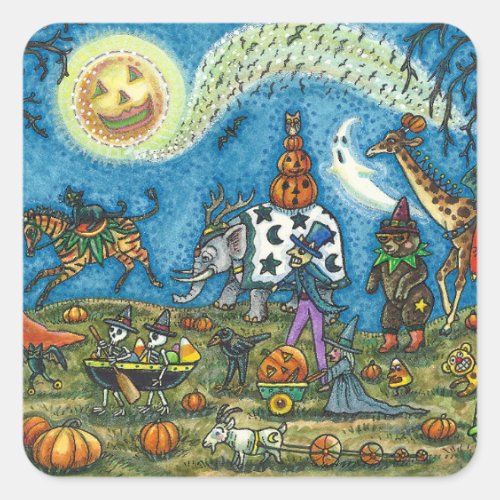HALLOWEEN PARADE Witch Giraffe Bear Zebra Skellies Square Sticker