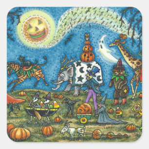 HALLOWEEN PARADE Witch Giraffe Bear Zebra Skellies Square Sticker