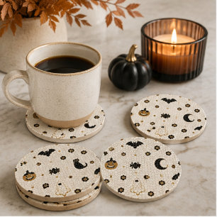 Halloween Parisian Bistro Mosaic Black Cat & Bat Coaster Set