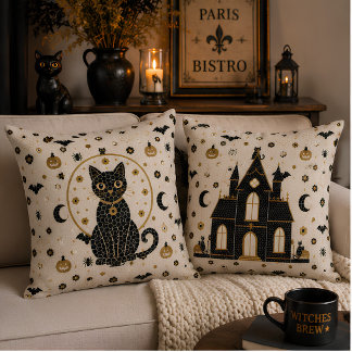 Halloween Parisian Bistro Mosaic Black Cat & Haunt Throw Pillow