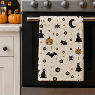 Halloween Parisian Bistro MosaicPumpkin, Black Cat Kitchen Towel
