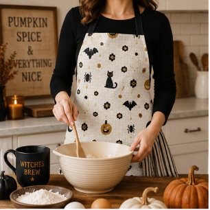 Halloween Parisian Bistro Pumpkin, Black Cat & Bat Apron