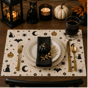 Halloween Parisian Bistro Pumpkin, Black Cat & Bat Cloth Placemat