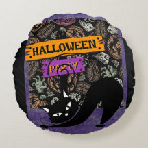 Halloween Party and Black Cat , Throw Pillow