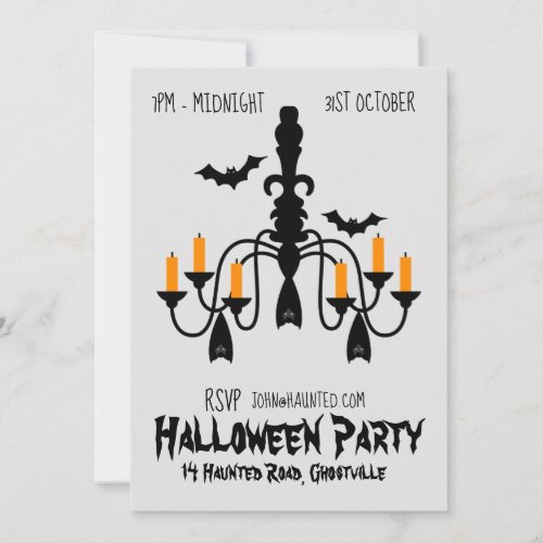 Halloween party bat chandelier black and orange invitation