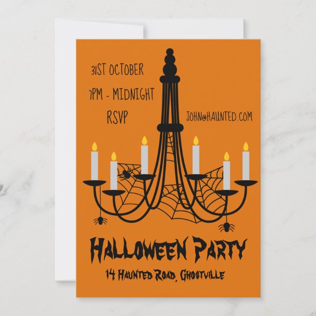 Halloween party bat chandelier black and orange invitation (Front)