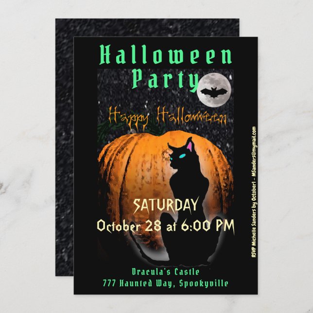 Halloween Party | Black Cat and Pumpkin Invitation (Front/Back)