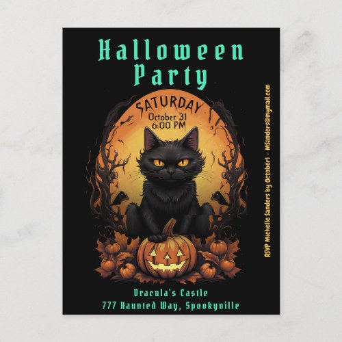 Halloween Party  Black Cat and Pumpkin Invitation Postcard