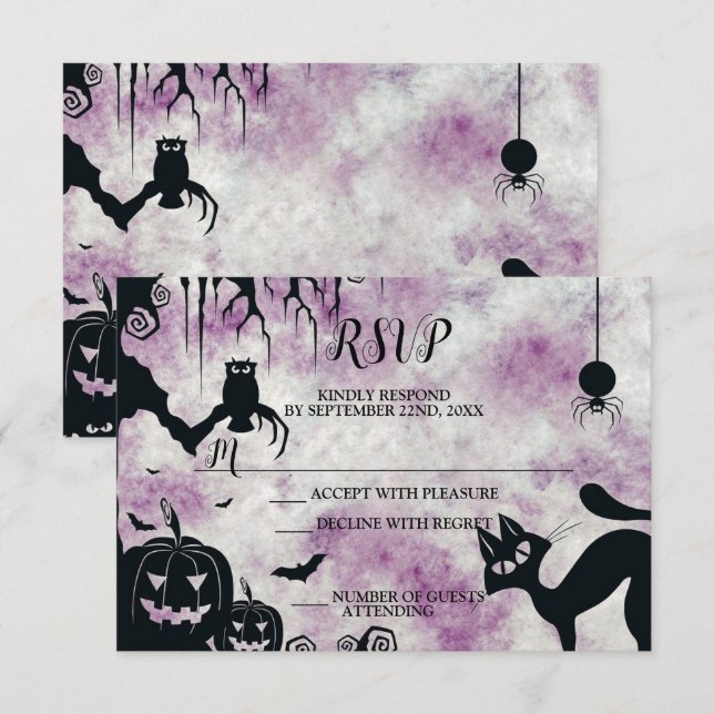 Halloween Party Black Cat Evil Pumpkins Scary Owls RSVP Card (Front/Back)