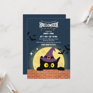Halloween Party Black Cat Moon Bat WitchHat Spooky Invitation