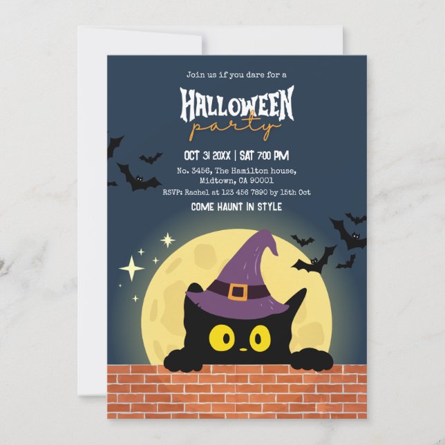 Halloween Party Black Cat Moon Bat WitchHat Spooky Invitation (Front)