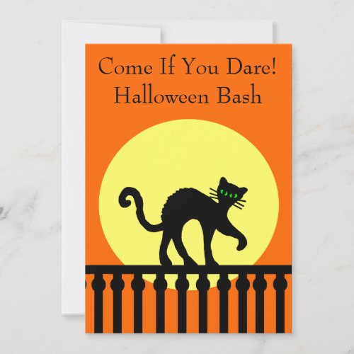 Halloween Party Black Cat on Fence Moon Orange Invitation