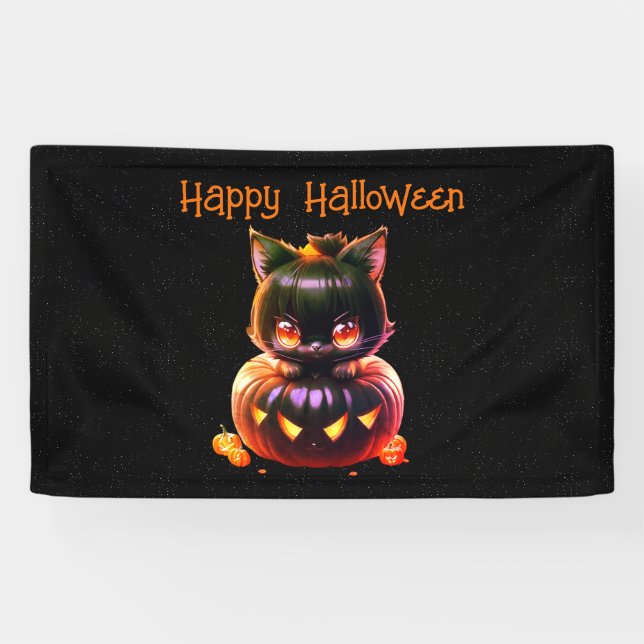 Halloween Party Black Cat Pumpkin Horror Scary Banner (Horizontal)